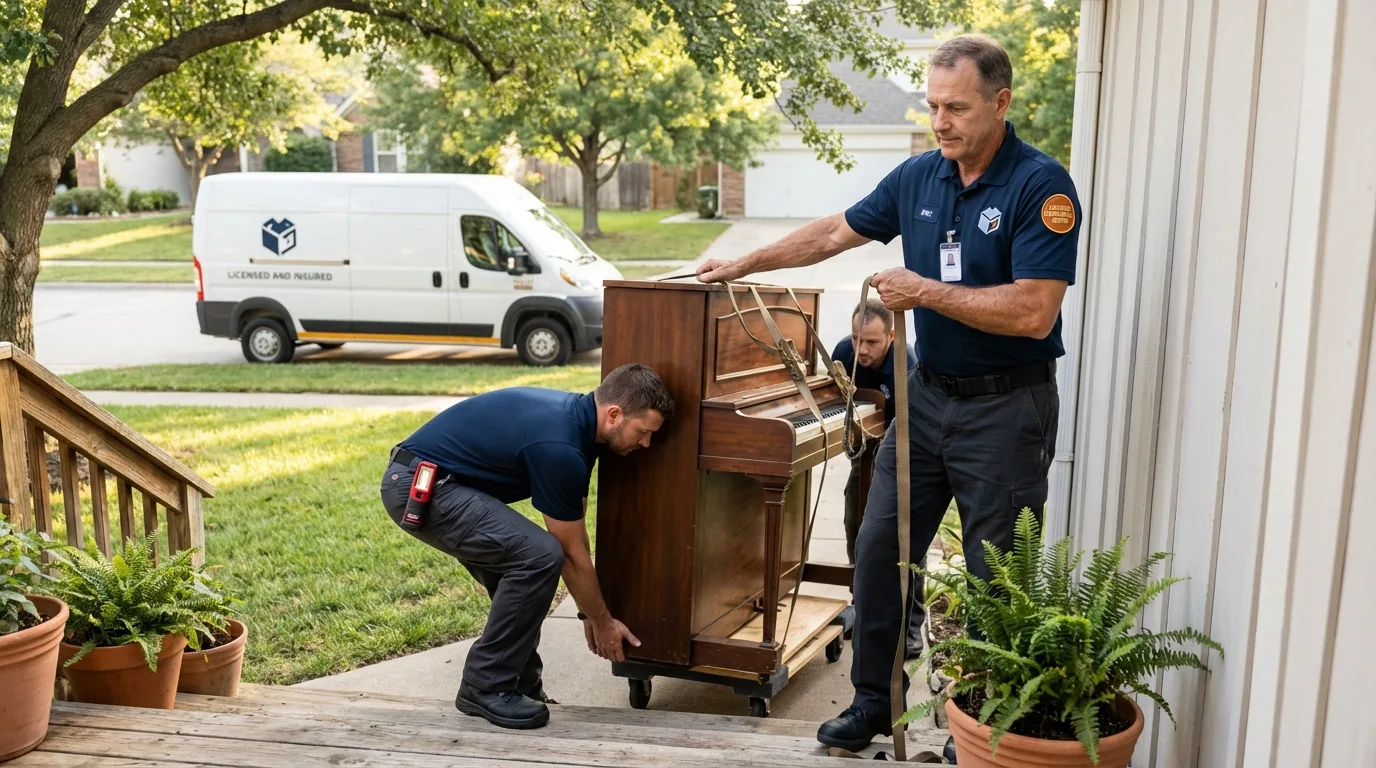 Licensed piano movers securing grand piano in Bridgeville, PA